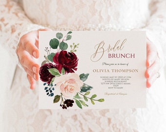 Burgundy Blush bloemen bruids douche uitnodiging sjabloon (bewerkbare direct downloaden)