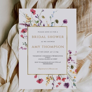 Wildflower Bridal Shower Invitation Template, Elegant Floral (Editable Printable Card)