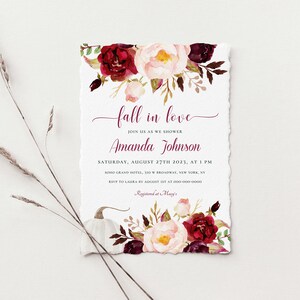 Fall Bridal Shower Invitation Template , Burgundy Bridal invitation, Printable , Fall In Love, Editable Invite, Instant Download, BRSH32