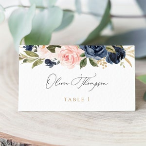Plantilla para tarjeta de lugar con follaje dorado en azul y rubor, tarjeta imprimible para boda, moderna, plana y plegada, descarga instantánea, PL29, CORJL