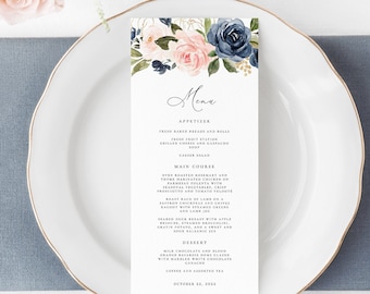 Navy Blue Blush Floral Wedding Menu Template (Editable Download)