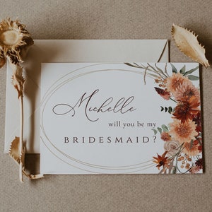 Plantilla de tarjeta de propuesta de dama de honor, editable e imprimible, para boda en otoño, "¿Quieres ser mi dama de honor?", invitación rústica en terracota.