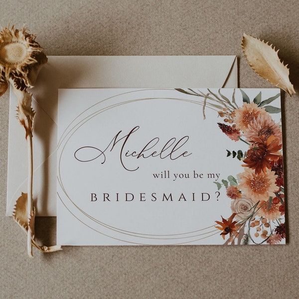 Bridesmaid Proposal Card Template, Editable Printable Fall Autumn Wedding Will You Be My Bridesmaid Card, Rustic Terracotta invite DIY