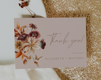 Autumn Wedding Thank you card template, Rustic Boho thank you, Bohemian floral wedding thank you cards, terracotta rust thank you card