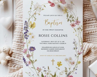 Plantilla de invitación de bautismo con flores silvestres / Invitación imprimible editable para bautizo / Cruz religiosa / Invitación floral digital DIY