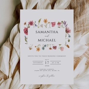 Plantilla de tarjeta de invitación de boda con flores silvestres, invitación de boda de primavera y verano, descarga instantánea, plantilla floral boho editable