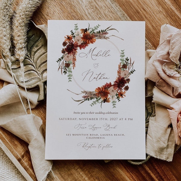 Rustic Terracotta Wedding invitation card template 5x7", Editable Printable Fall Autumn wedding invite, DIY, Boho rust invite, Corjl