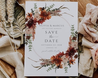 Rustic Terracotta Wedding Save The Date card Template, Fall Autumn wedding Save Our Date, Editable digital invite, instant download