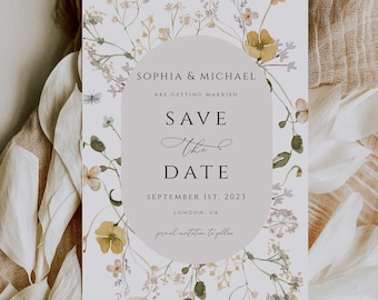 Wildflower Save the Date Invitation Template, Summer Spring Wedding invite, Elegant Floral invite, Editable Printable card template, CORJL