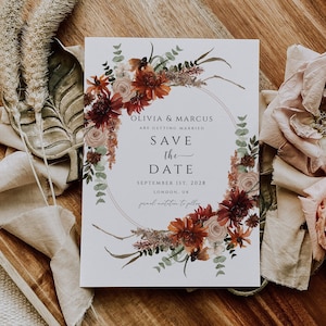 Boda rústica de terracota Guardar la plantilla de tarjeta de fecha, boda de otoño otoño Guardar nuestra fecha, invitación digital editable, descarga instantánea