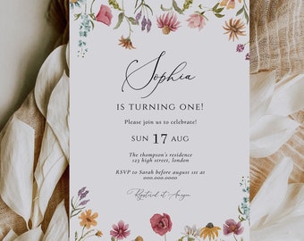 May include: A floral-themed birthday invitation for Sophia's first birthday party. The invitation features a watercolor illustration of flowers and greenery, with the text "Sophia is turning one!" and details about the party, including the date, time, and location.