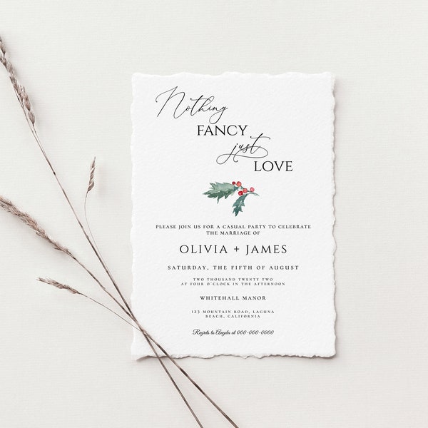 Nothing fancy just love wedding invitation, Elopement announcement, Christmas wedding invitation, Digital download, Editable 5x7 with Corjl