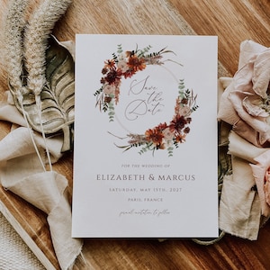 Modèle de carte de mariage rustique en terre cuite, réservez cette date, mariage automne automne, réservez notre date, invitation numérique modifiable, téléchargement immédiat