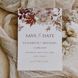 Rustic Fall Save The Date Editable Template, Autumn Save Our Date Invitation, Instant Download, Boho Printable Invite, Autumn leaves floral