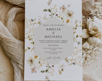 Wildflower Wedding Invitation card template, Summer Spring wedding Invitation, Instant Download, Editable Boho Floral template DIY