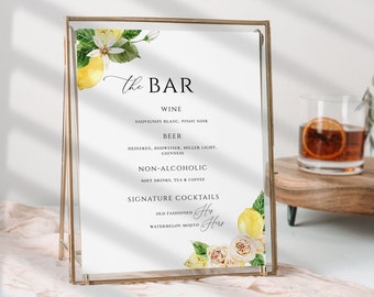 Lemon Wedding Bar Sign Template, Greenery Drinks Menu (Digital Download)