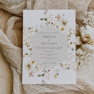 Plantilla de tarjeta de invitación de boda con flores silvestres, invitación de boda de primavera y verano, descarga instantánea, plantilla floral bohemia editable DIY