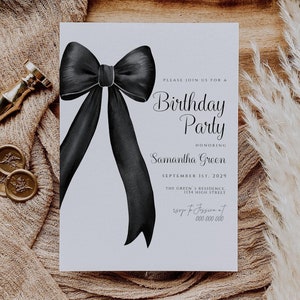 Editable Birthday Invitation, Black Bow Birthday printable Invite Template, Digital Black Ribbon Birthday Party, Instant Download, DIY