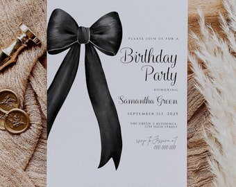 Black Bow Birthday Invitation Template, Printable Party Decor (Digital Download)