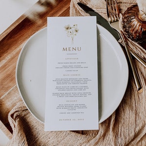 Wildflower Menu Card template, Summer Spring Floral Wedding Menu, Printable Editable Boho Menu card, Instant Download, CORJL