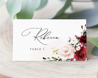 Burgundy Floral Wedding Place Card Template, Editable (Digital Download)
