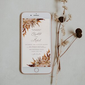 Elektronische e-vite herfstbruiloft, herfstuitnodiging smartphone, bloemen BOHO-uitnodiging, instant download, bewerkbare uitnodiging voor sms-iPhone, CORJL