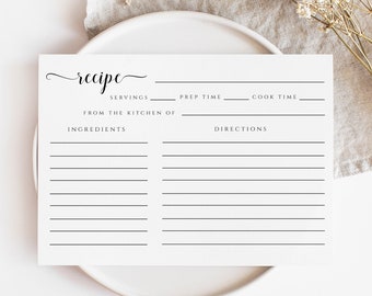 Editable Recipe Card Template 4x6, Bridal Shower Insert (Digital Download)