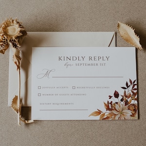 Modèle de carte RSVP mariage automne, feuilles d'automne et verdure, carte modifiable en téléchargement instantané, carte d'insertion de mariage rouille imprimable, CORJL