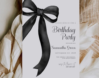Black Bow Birthday Invitation, Printable Template (Digital Download)