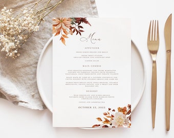 Fall Wedding Menu Template, Autumn Foliage, Editable Printable (CORJL)