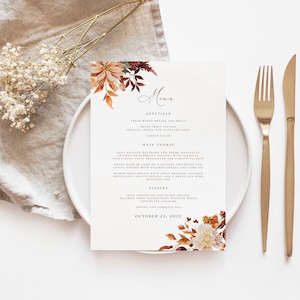 Sjabloon bruiloftsmenukaarten herfst, herfstgroen gebladerte, bruiloft vrijgezellenfeestmenu, brunch, diner, afdrukbare bewerkbare sjablonen, CORJL