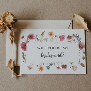 Wildflower Bridesmaid Proposal Card Template, Printable Will You Be My Bridesmaid Card, Boho Floral Bridesmaid Proposal invite, DIY image 1