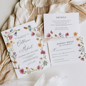 Boho Wildflower Wedding invitation set, Summer Spring wedding invite template, RSVP, Details card, Editable Printable, edit with Corjl