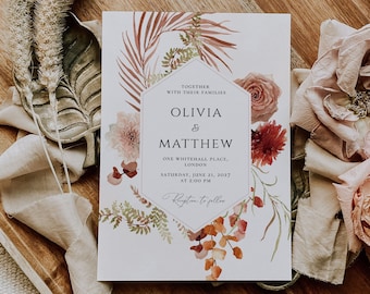 Terracotta Floral Wedding Invitation Template, Rustic Autumn Invite (DIY Printable)