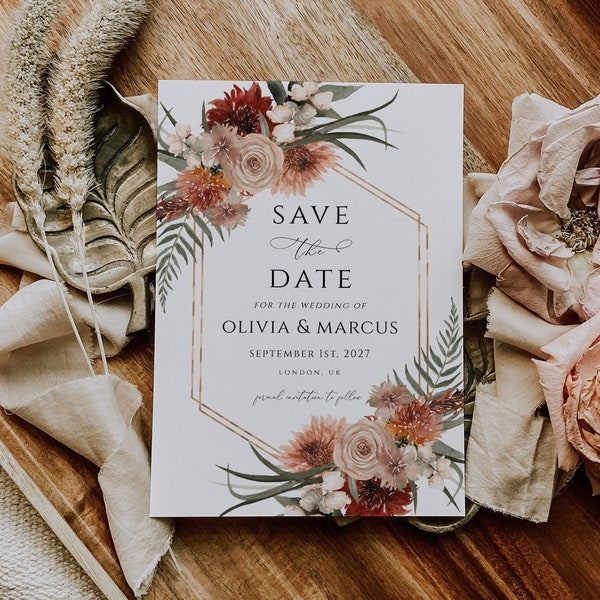 Rustic Terracotta Save The Date card Editable Template, Fall Autumn Save Our Date Invitation, Instant Download, Digital download, DIY