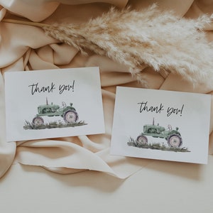 Zielony traktor do druku DZIĘKUJĘ karta, 3,5 x 5 cali, natychmiastowe pobranie, karta z podziękowaniami na baby shower dla chłopca, składana karta z motywem farmy