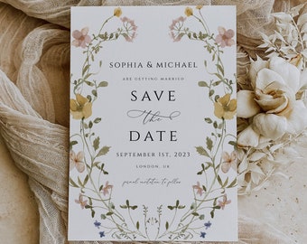 Wildflower Save the Date Invitation Template, Summer Spring Wedding invite, Elegant Floral invite, Editable Printable card template, CORJL