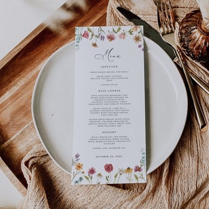 Wildblumen-Menükartenvorlage, Blumenhochzeitsmenü, druckbare bearbeitbare Boho-Menükarte, sofortiger Download, CORJL