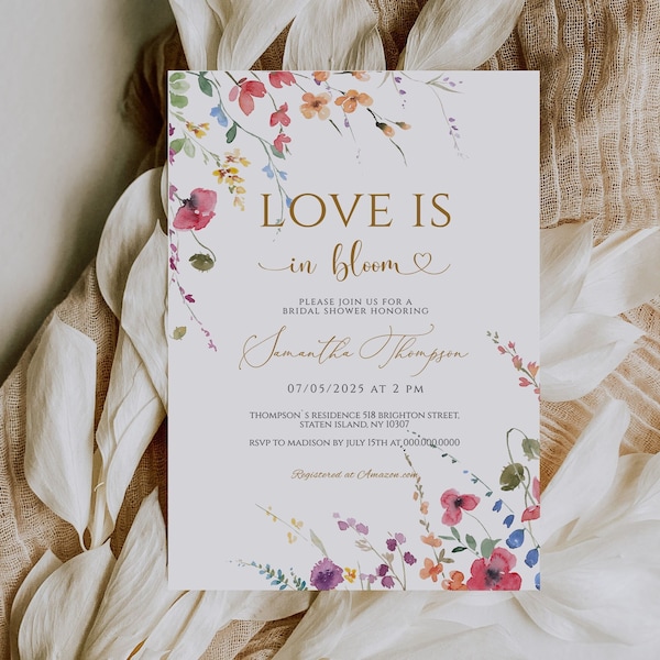 Wildflower Love is in Bloom Bridal Shower Invitation Template, Summer Spring Bridal shower, Elegant Floral invite, Editable Printable card