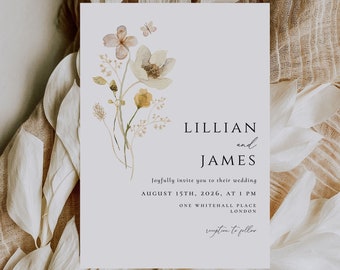 Wildflower Wedding Invitation card template, Summer Spring wedding Invitation, Instant Download, Editable Boho Floral template DIY