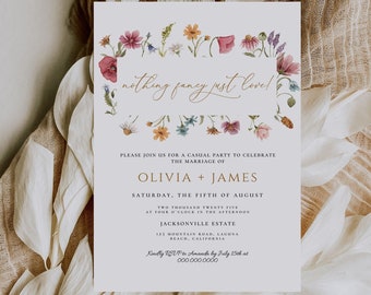 Wildflower Wedding Nothing Fancy Just Love Invitation, We Eloped Card, Printable Elopement Reception Invite, Summer floral invite DIY