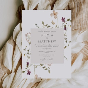 Plantilla de tarjeta de invitación de boda con flores silvestres, invitación de boda de primavera y verano, descarga instantánea, plantilla floral bohemia editable DIY