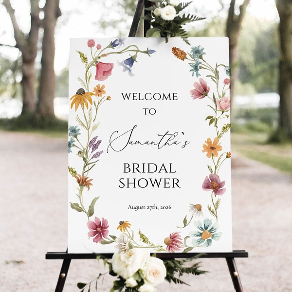 Modèle de plaque de bienvenue pour la douche nuptiale de fleurs sauvages, plaque personnalisée de fleurs sauvages, plaque de mariée florale d'été, 18 x 24, 4 tailles, modifiable