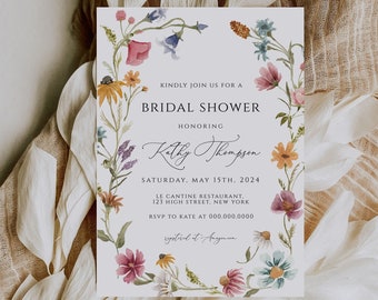 Wildflower Bridal Shower Invitation Template, Summer Spring Bridal shower, Elegant Floral invite, Editable Printable card template, CORJL