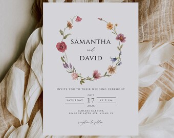 Wildflower Wedding Invitation card template, Summer Spring wedding Invitation, Instant Download, Editable Boho Floral template