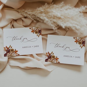 Autumn Fall Wedding Thank you card template, Rustic Boho thank you, Bohemian floral wedding thank you cards, terracotta rust thank you card