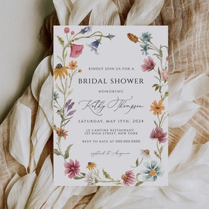 Wildflower Bridal Shower Invitation Template, Summer Spring Bridal shower, Elegant Floral invite, Editable Printable card template, CORJL