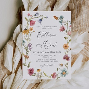 Plantilla de tarjeta de invitación de boda con flores silvestres, invitación de boda de primavera y verano, descarga instantánea, plantilla floral bohemia editable DIY