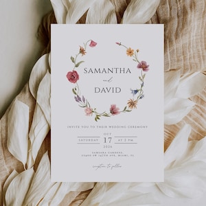Modelo de cartão de convite de casamento de flores silvestres, convite de casamento de verão e primavera, download instantâneo, modelo floral boho editável