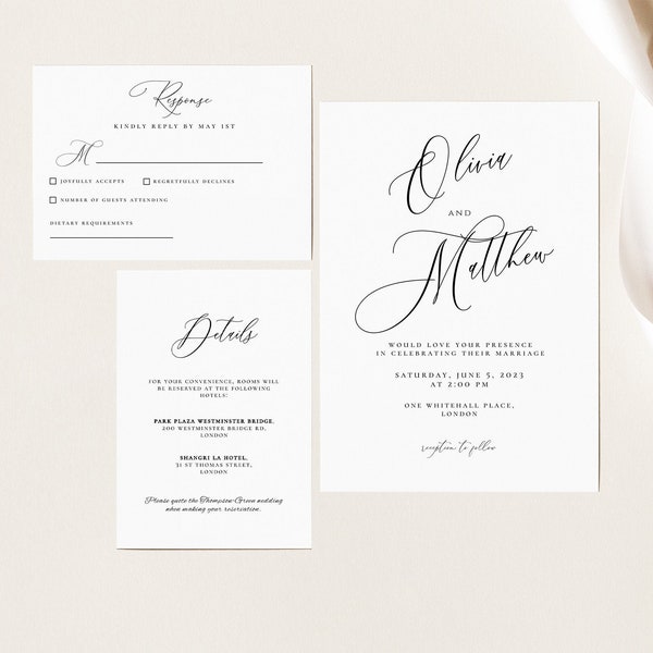 Elegant Calligraphy Wedding Invitation Template Set, Printable Editable Invite, Digital download invitation, rsvp, details, Edit with CORJL